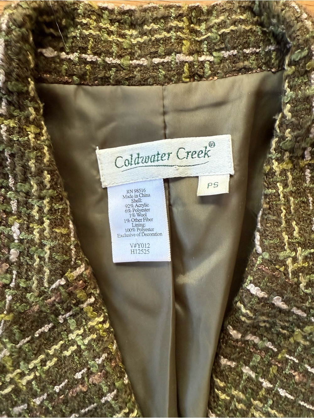 EUC Coldwater Creek Olive Green Tweed Embellished Women's Blazer Jacket, Sz PS - Picture 5 of 12